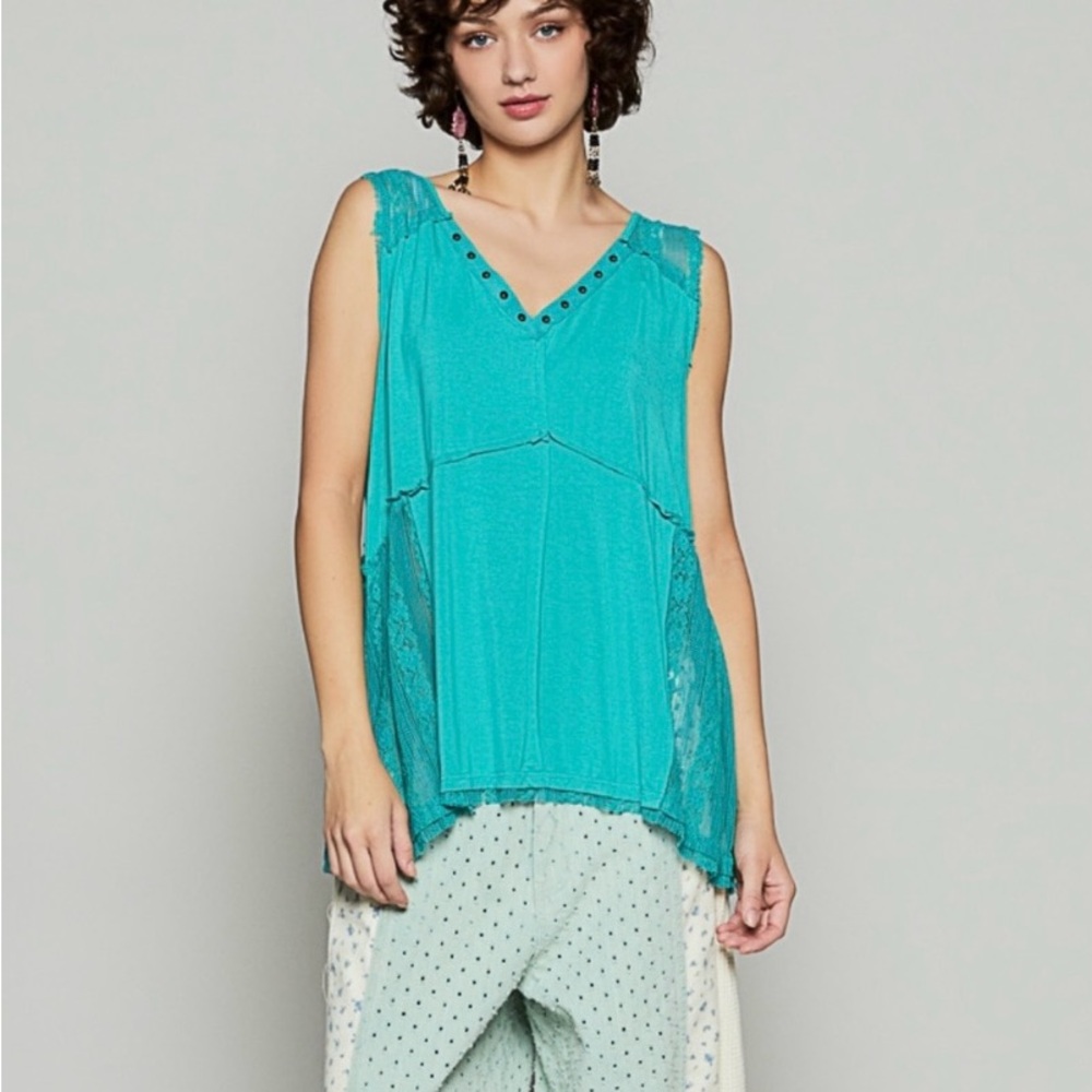 POL Turquoise Sleeveless Blouse with rivets and cross cross back
